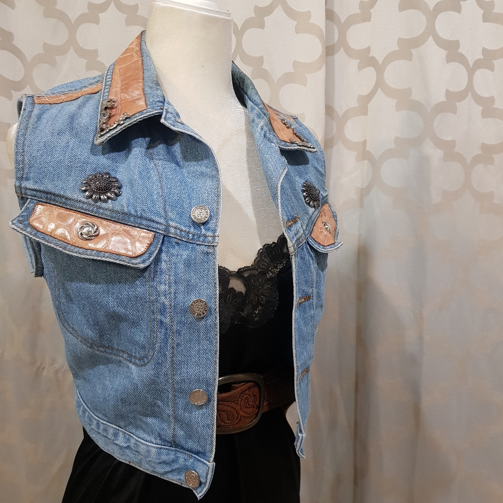 Stylish Denim Vest with Brown Accents